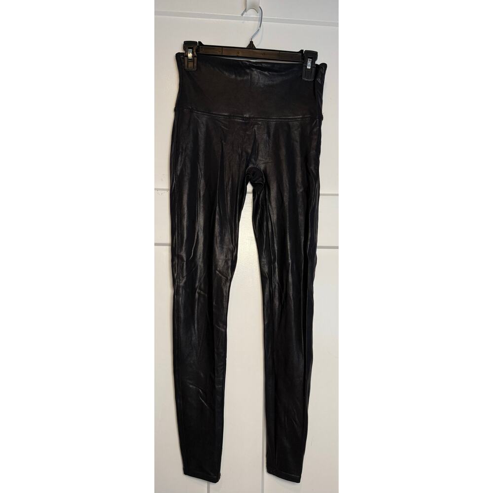 Spanx Black Faux Leather Leggings Womens LARGE Stretch High Waist 2437